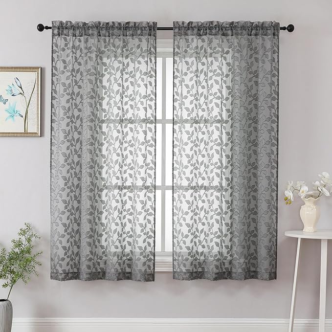 Chyhomenyc Charcoal Grey Sheer Curtains 63 Inch Length 2 Panels Set, Light Filtering Tufted Textured Soft Airy Rod Pocket Pretty Leaf Window Treatment Drapes for Bedroom Living Room, 42" Wx63 L, 2PCS
