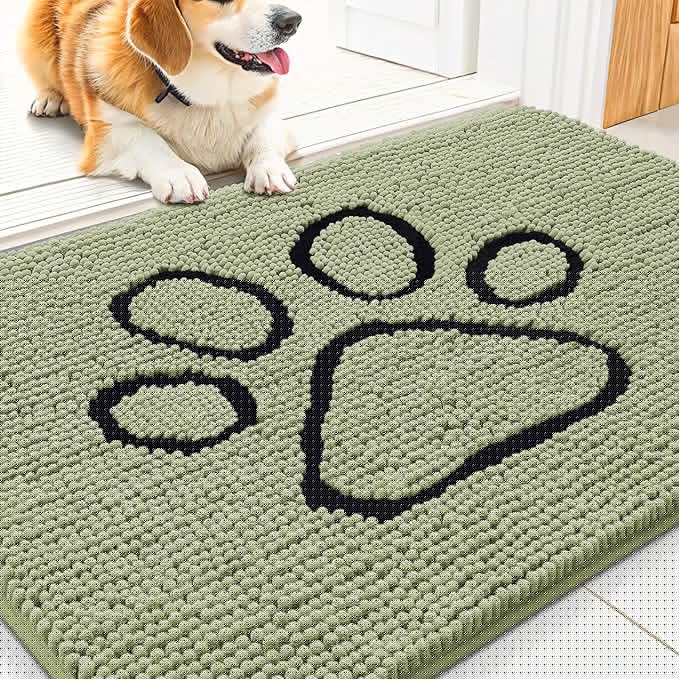 Smiry Dog Door Mat for Muddy Paws, Absorbent Dirt Trapper Non Slip Quick Dry Washable Chenille Mat for Mud Dogs, Entry Rug for Indoor and Outdoor (30x20 Inches, Sage Green and Black)