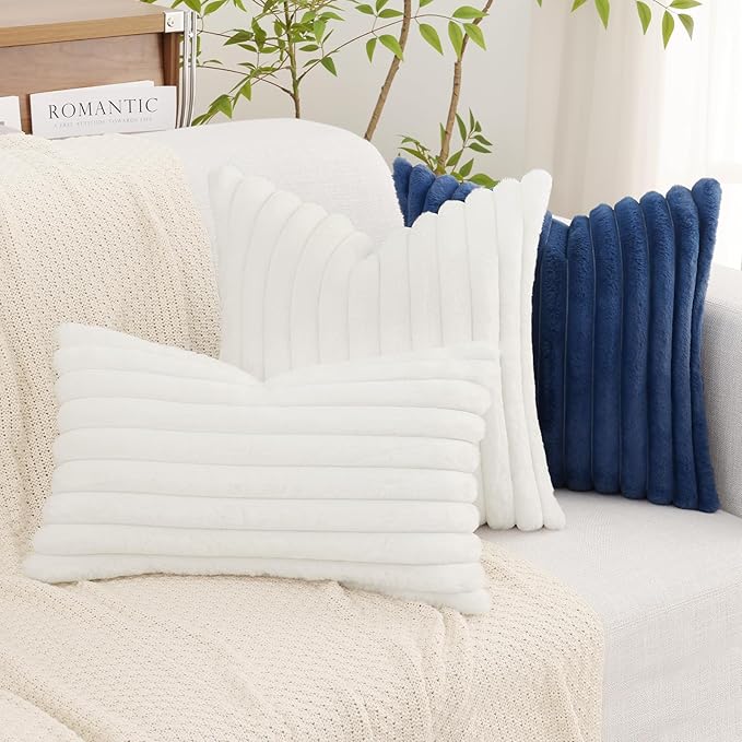 decorUhome Summer Cozy Faux Fur Throw Pillow Covers 20x20 Set of 2 Decorative Soft Plush Striped Modern Farmhouse Boho Couch Pillow Cases with Velvet Back for Sofa Bed Living Room, White