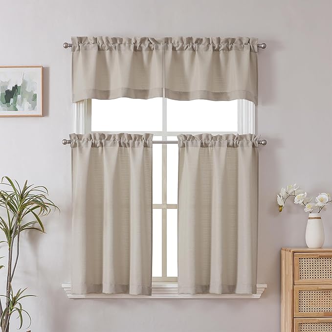 Chyhomenyc Moon Beige Valance for Windows, Light Filtering Faux Linen Solid Short Curtain Valance, Burlap Decorative Small Curtain for Kitchen Bathroom Laundry Basement, 60Wx12L inch, 1 Piece