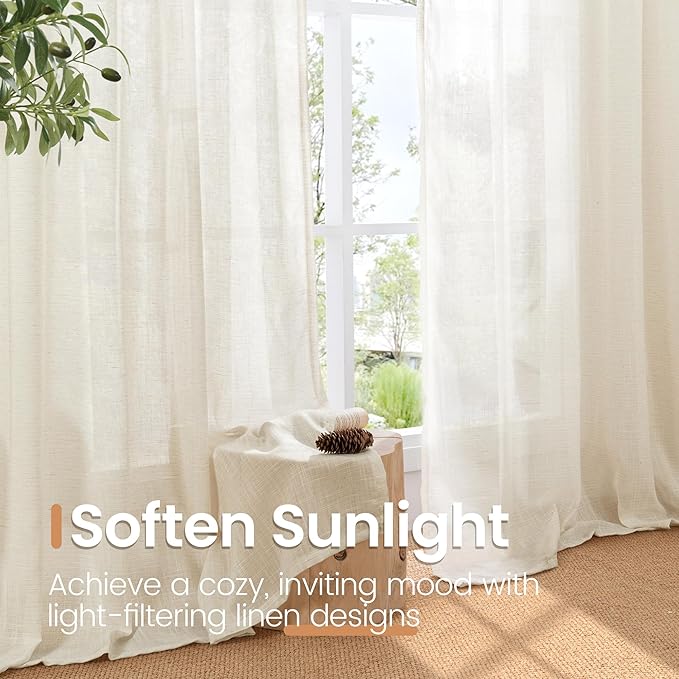 BGment Beige Linen Curtains 80 Inches Long for Living Room - Semi Sheer Rod Pocket Light Filtering Window Drapes for Bedroom Dining Room Decor Lightweight Rustic, 2 Panels, 52 Inch Wide Each Panel