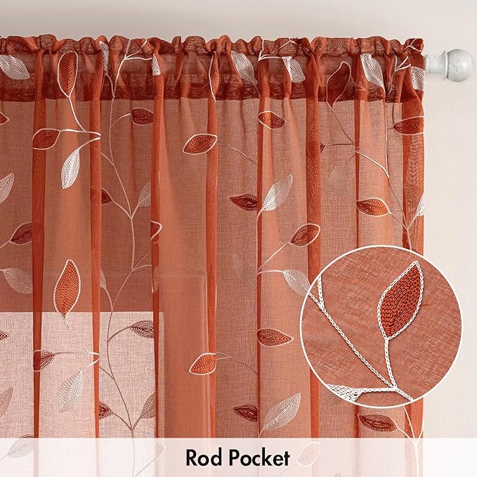 MIULEE Terracotta Sheer Curtains 2 Panels Embroidered Leaf Patterned burnt Orange Rod Pocket Floral Semi Faux Linen Fall Window Curtains Drapes Set for Living Room Bedroom Dining Room, 52x84 Inch Long