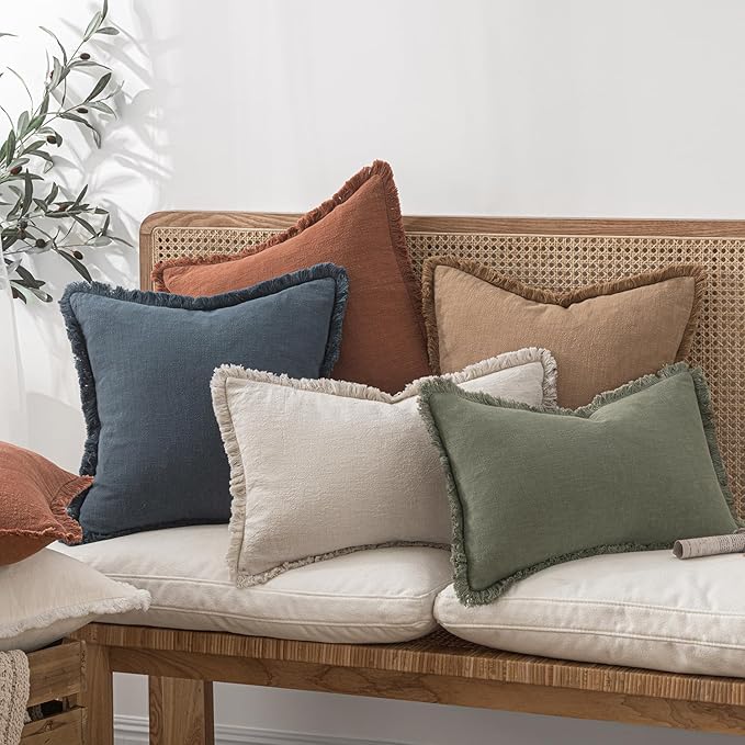 MIULEE Decorative Throw Pillow Covers Neutral Linen Fringe Throw Pillows Set of 2 Indigo Blue Boho Farmhouse Cushion Covers Coastal Decor for Couch Sofa Bed Living Room Spring Decor 20x20 Inch