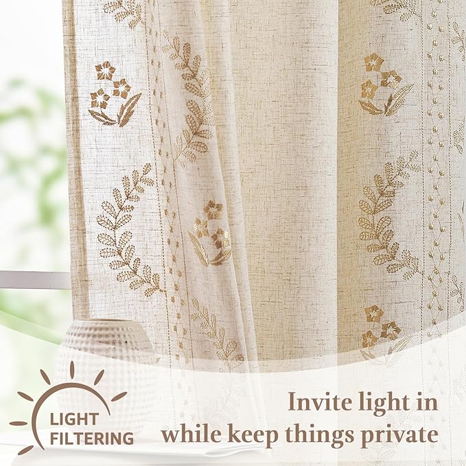 jinchan Belrose Linen Floral Cafe Curtains 54 Inch Length Embroidered Farmhouse Curtains for Kitchen Bedroom Bathroom Small Windows Curtain Set Light Filtering 2 Panels Beige