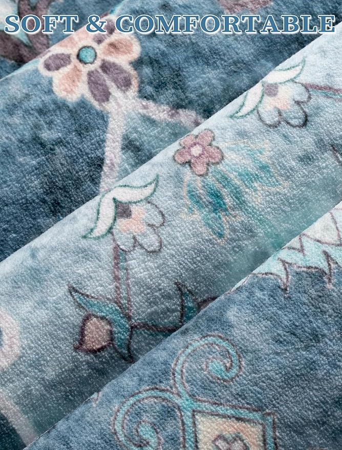 SERISSA Boho Washable Runner Rug, 2x6 Rug Non-Slip Vintage Blue Hallway Kitchen Runner Rug Ultra Soft Print Distressed Floor Carpet for Bedroom Bathroom Laundry Living Room