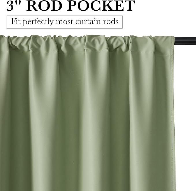 RYB HOME Bedroom Blackout Curtains 63 inches Long, 100% Blackout Thermal Insulated Noise Reducing Curtains for Living Room Nursury, 34 inches Wide by 63 inches Long, Sage Green