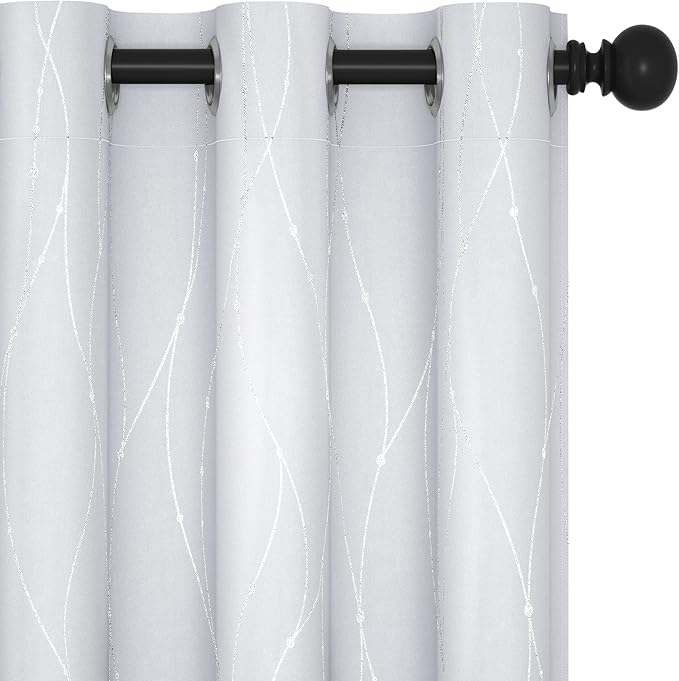 Deconovo Living Room Curtains, Room Darkening Drapes, Thermal Insulated Soundproof Grommet Drape, Silver Wave Dots Print, 42 x 63 Inch, Machine Washable Window Panels for Bedroom Office, Set of 2