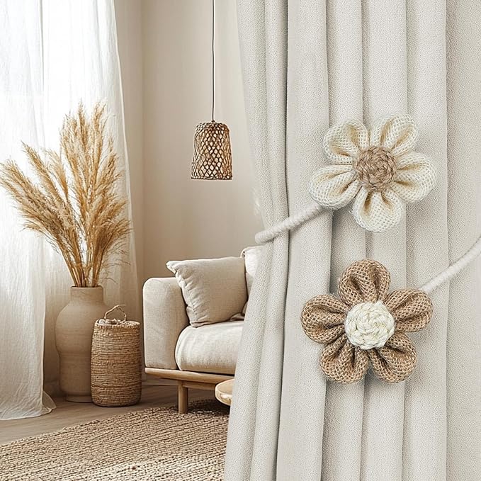 KLOGTSIND Flower Curtain Tiebacks, 4 Pack Boho Curtain Ties Elegant DIY Curtain Holdbacks, Decorative Window Drape Twist Tie Backs for Bedroom Decor, Nursery Decor, Farmhouse Decor