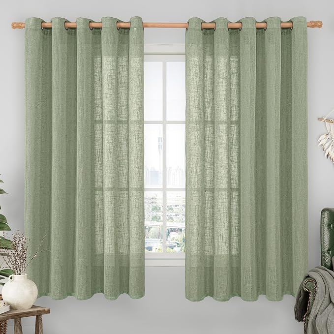 LAMIT Sheer Linen Curtains 63 inches Long for Bedroom, Bronze Grommet Linen Drapes Light Filtering Semi Sheer Curtains for Small Window/Farmhouse, 2 Panels (60 x 63 Inch, Sage Green)