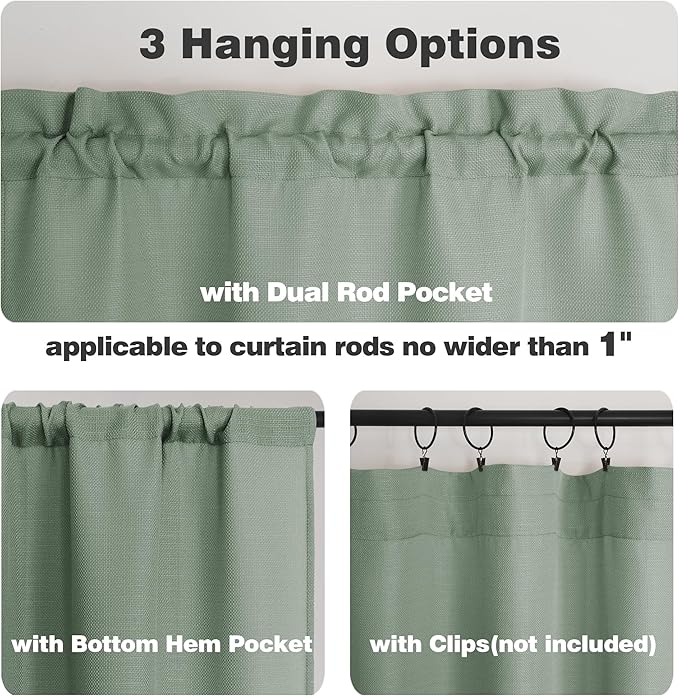 Chyhomenyc Sage Green Short Curtain Valance for Windows, Faux Linen Textured Half Window Curtains, Burlap Solid Topper Small Curtain for Bathroom Laundry Basement Valance, 60Wx16L Inch, 1 Piece