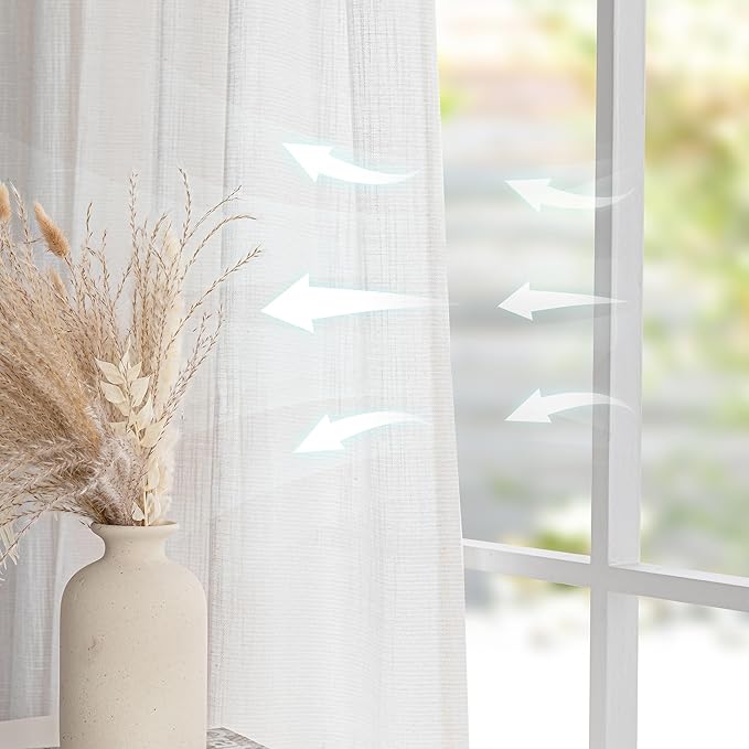 MYSKY HOME Natural Linen White Curtains 84 Inches Long, Semi Sheer Soft Cotton Window Drapes Set for Living Room Back Tab Elegant Cute Look Country Bedroom Curtains, Beige White, 100" x 84", Pack-1