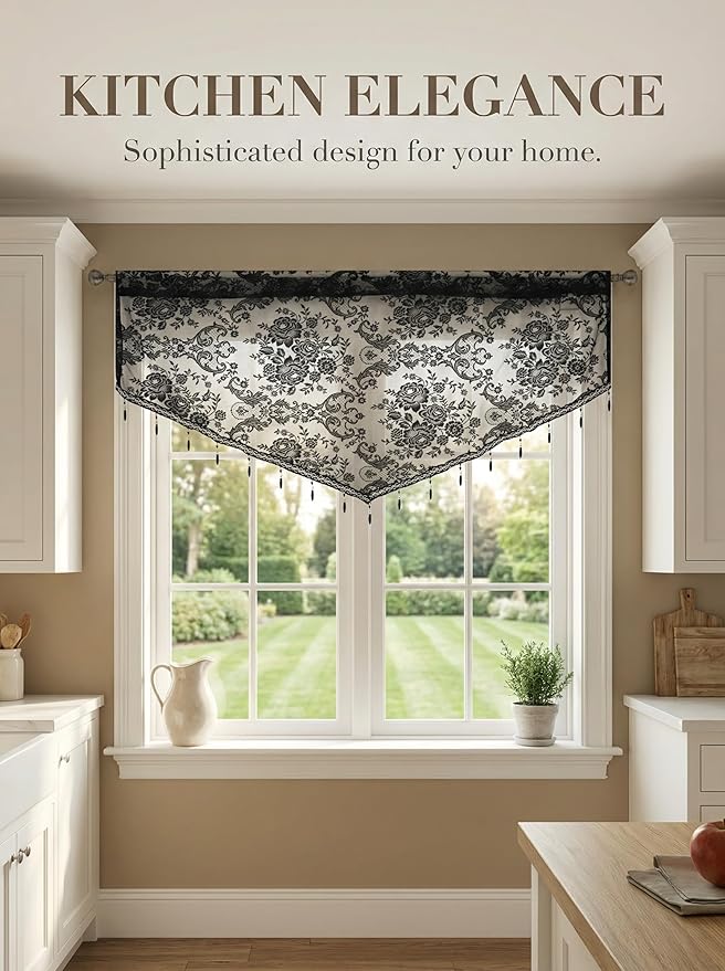 Molaxhome Swag Curtain 51 inch Length Rod Pocket Scalloped Curtain Valance Sheer Lace Panels with Hanging Crystal Beads for Kitchen Bedroom Window Treatments Drape Decor 1pc (Lace Black, 51Wx23L)