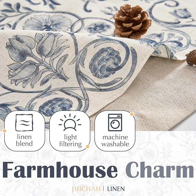 jinchan Linen Valance Kitchen Curtain for Windows Double Layer 18 Inch for Living Room Bedroom Window Treatment Light Filtering Vintage Rustic Farmhouse Cottagecore Rod Pocket 1 Panel Blue on Beige