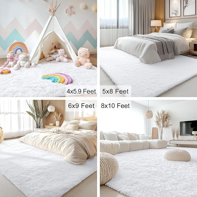 OLANLY 6x6 Area Rugs for Living Room Bedroom, Machine Washable Soft Fluffy Shaggy Bedside Rug, Indoor Floor Carpet for Kids Girls and Boys, Dorms, Nursery Rooms, Home Decor Aesthetic, White