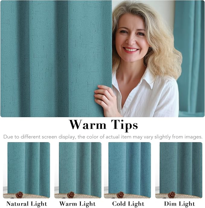 H.VERSAILTEX Linen Blackout Curtains 63 Inches Long 100% Absolutely Blackout Thermal Insulated Textured Linen Look Curtain Draperies Anti-Rust Grommet, Energy Saving with White Liner, 2 Panels, Teal