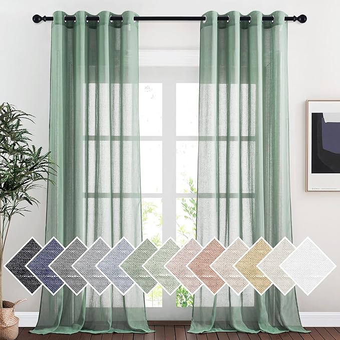 NICETOWN Flax Linen Sheer Curtains 108" Long for Windows, Ring Top Privacy Semi Sheer Privacy with Light Filter Panels for Bedroom/Living Room, Olive Green, 52" W Per Panel, Set of 2