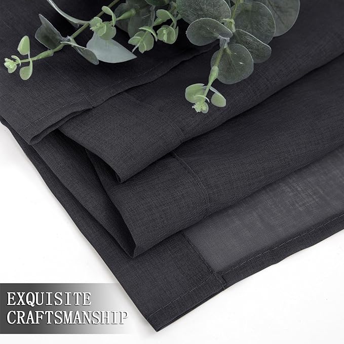 Tollpiz Sheer Curtains Living Room Linen Textured Curtain Sheers Light Filtering Voile Rod Pocket Curtains for Bedroom, 38 x 63 inches Long, Black, Set of 2 Panels