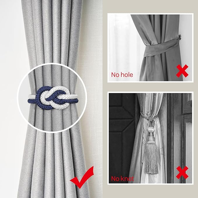NICEEC 2 Pack Mini Magnetic Curtain Tiebacks Nordic Simple Style Drape Tie Backs Elegant Hand Weave Rope Knot Decorative Curtain Holdbacks for Home & Office Thin Window Drapery (Dark Blue & White)