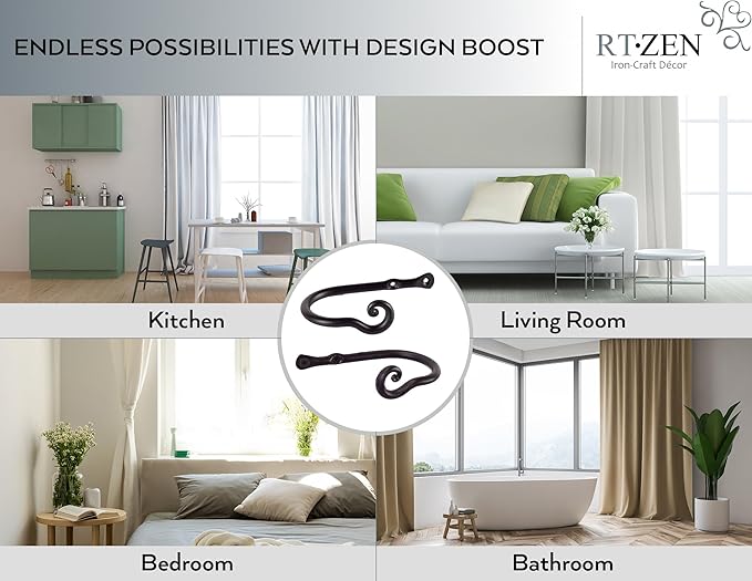 RTZEN Decorative Metal Curtain Tiebacks - Farmhouse Wrought Iron Curtain Holdbacks - Drapery Holders for Wall - Unique Metal Tie Backs for Curtains - 2 Pcs (Black Classic)
