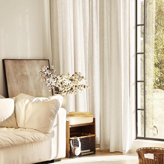 Faux Linen Beige Curtains 98 inches Long for Living Room Rustic Farmhouse Linen Drapes Semi Sheer Burlap Textured Canvas Cloth Curtain Panels Set of 2 Kahki Tan Colored