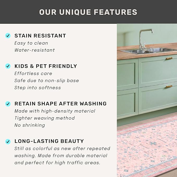 Pink Rugs for Bedroom Girls, 5x7 Washable Area Rug for Living Room Nursery Kids Baby Playroom Indoor Decor, Oushak Floral Vintage Low Pile Boho Non Slip Foldable Carpet