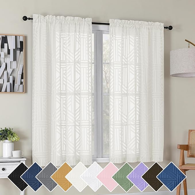 Simplebrand Ivory Semi Sheer Curtains 54 Inch Length 2 Panels, Geometric Jacquard Clip Textured Short Sheer Curtains for Bedroom，Modern Elegant Window Curtains Drapes/Treatment Sheer，42x54 inch