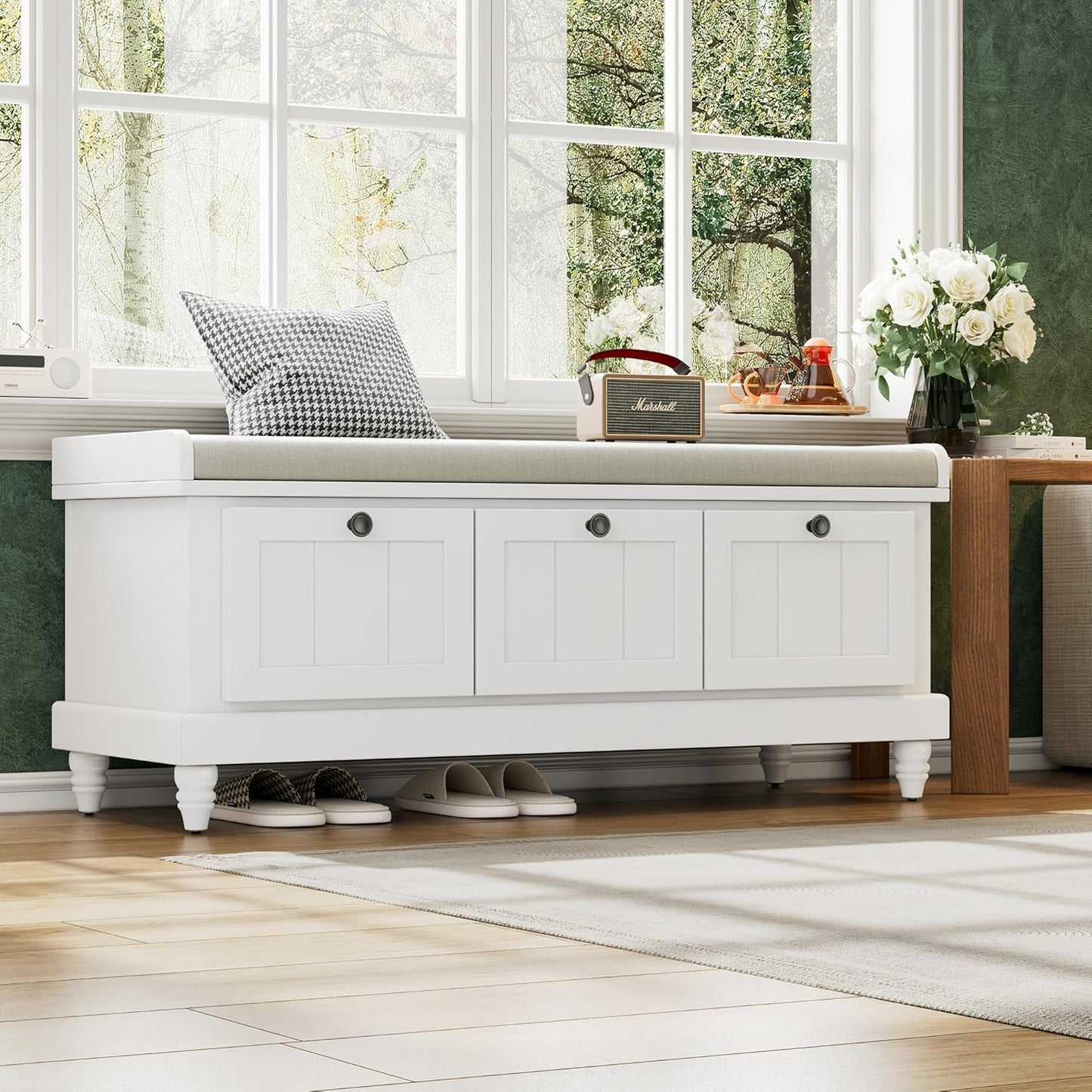 Classic Shoe Storage Bench with Cushion and Three Drawers, Fluted Entryway Bench with Storage for Entryway, Living Room, Hallways 44.0" L x 15.9" W x 18.9" H White