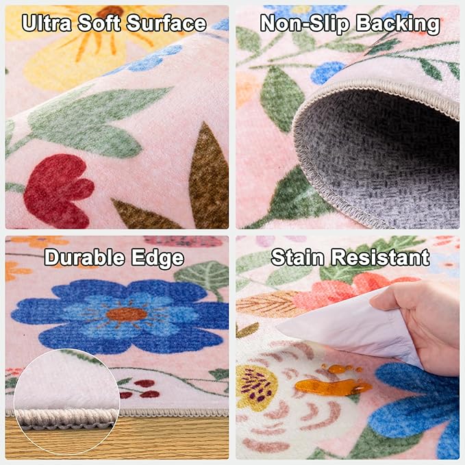 Round Area Rug for Living Room: 4 ft Floral Washable Circle Rug Soft Boho Non-Slip Carpet Indoor Stain Resistant Low Pile Small Circular Rug for Bedroom Entryway Kitchen Nursery Home Office Beige