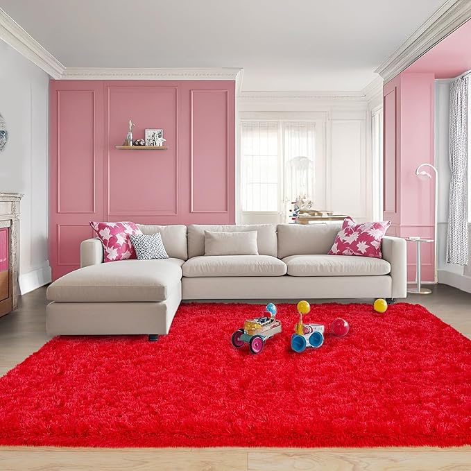Pionblank 8x10 Rug for Living Room, Fuzzy Plush Large Area Rug, Fluffy Modern Shag Non Slip Soft Furry Carpet for Bedroom Kids Room Nursery Teens Dorm Home Decor, Red