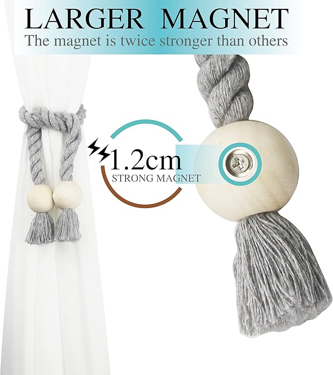 6 Pack Magnetic Curtain Tiebacks Cotton Hand Woven Tie Back Decorative Rope Holdbacks for Curtains Draperies No Tools Required, Light Grey