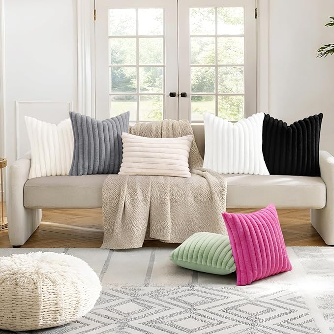 decorUhome Summer Cozy Faux Fur Throw Pillow Covers 20x20 Set of 2 Decorative Soft Plush Striped Modern Farmhouse Boho Couch Pillow Cases with Velvet Back for Sofa Bed Living Room, Hot Pink