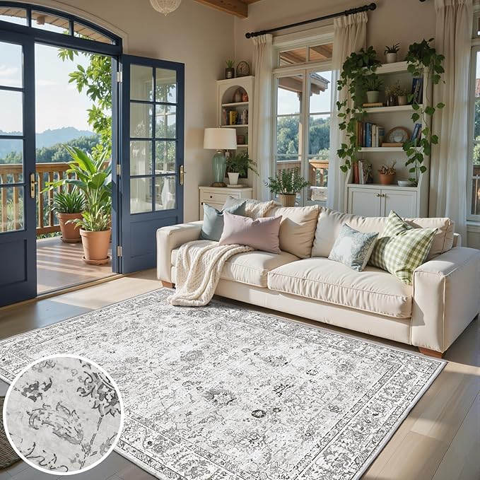 Area Rug 4x6 Grey Rug, Washable Boho Rugs Non Slip Low Pile Floral Small Carpet for Bedroom, Bedside, Kids Room, Office, Dining Room(Grey, 4 x 6)