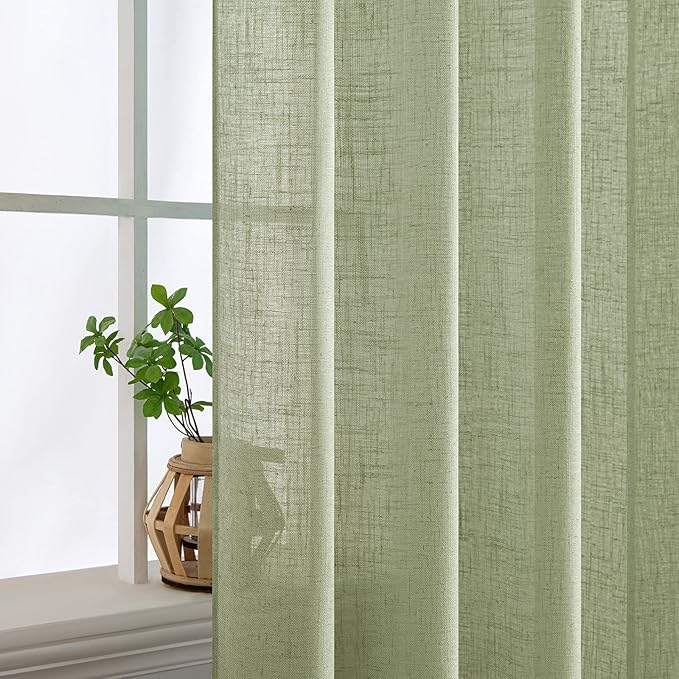 MIULEE Sage Green Linen Curtains 54 Inch Length 2 Panels for Bedroom Living Room, Soft Thick Linen Textured Short Window Drapes Semi Sheer Light Filtering Back Tab Rod Pocket Burlap Look Decor