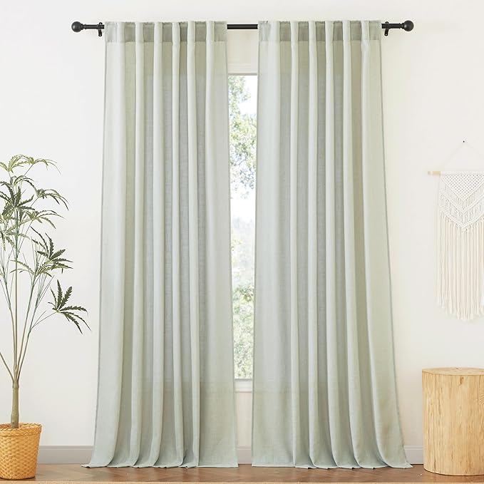 RYB HOME Green Linen Curtains Extra 70 inches Widith, Light Filtering Privacy Assured Machine Washable Vintage for Bedroom Kids Room Bathroom, W 70 x L 95 inch, 2 Pcs, Sage Green