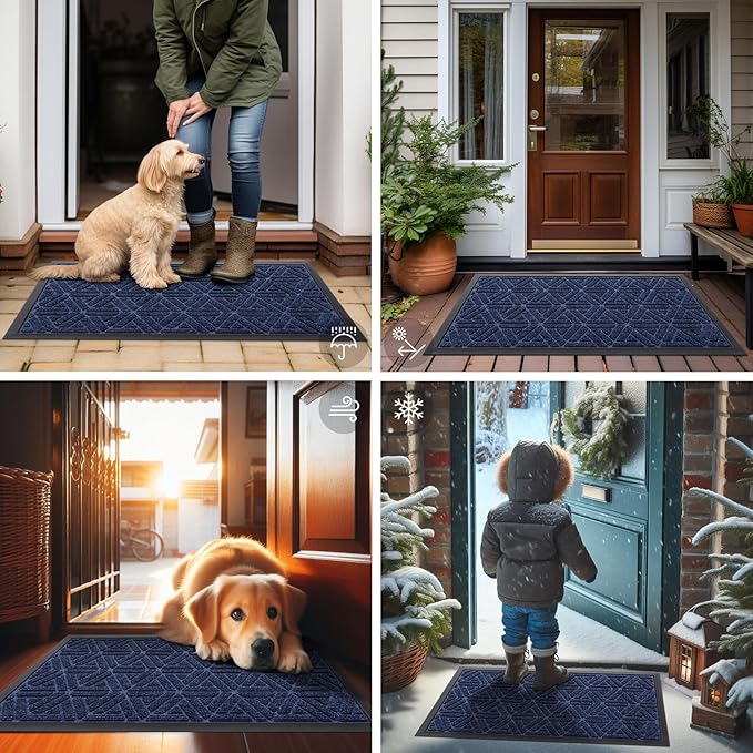 Smiry Front Door Mat Outside Entrance, Heavy Duty Sturdy Natural Rubber Doormat, Trap Dirt and Moisture, Easy Clean Low Profile Mats for Indoor Outdoor Entry, Grid Geometric (47x23, Navy Blue)