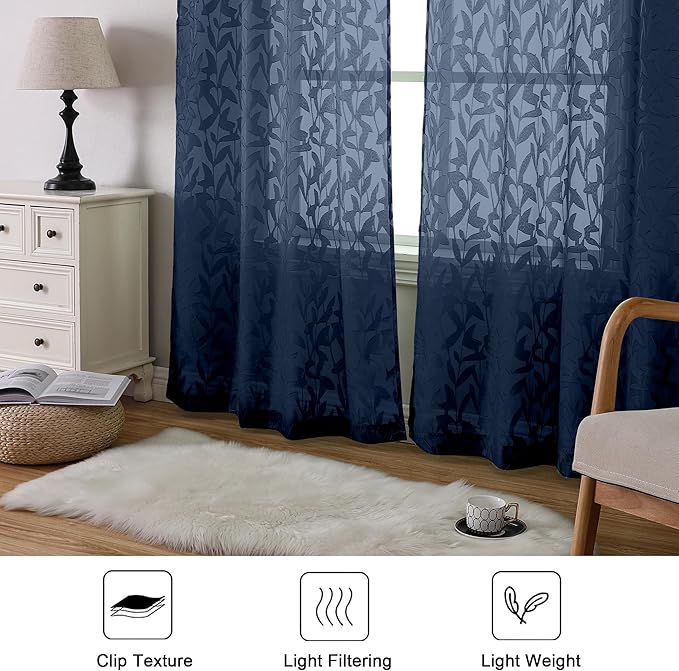 Lecloud Leia Navy Blue Sheer Curtains for Living Room Decor 78 Inches Long 2 Panels Set, Jacquard Leaf Textured Light Filtering Bedroom Curtains, Rod Pockets Airy Drapes, Each Panel 42" W x 78" L