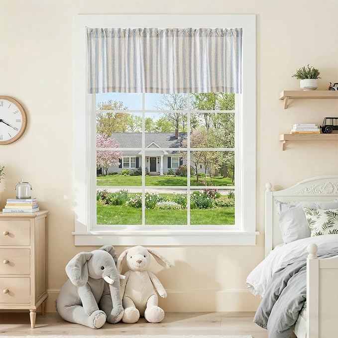 jinchan Striped Valance Farmhouse Window Treatment Linen Textured Drapes for Small Windows Kitchen Living Room RV Vintage Light Filtering Valance 16 Inch Rod Pocket 1 Panel Blue on Linen