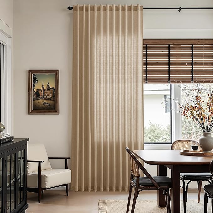 Nanspring Sand Beige Curtains 63 Inch Length for Living Room Flax Linen Semi Sheer Simple Semi Sheer Modern Curtains Back Tab Privacy Light Filtering Curtain for Bedroom Office 52x63, 2 Panels