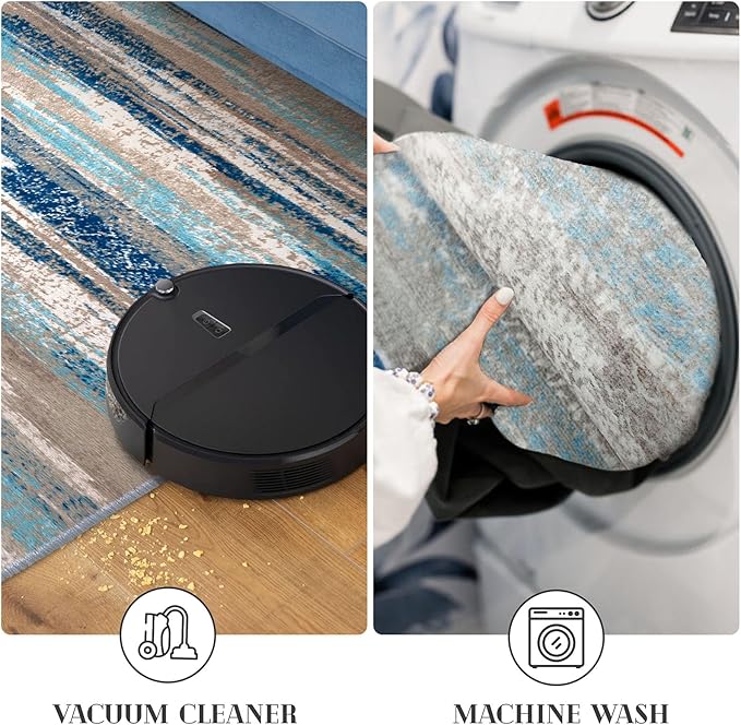 Lansny Modern Abstract Runner Rug 3x16, Blue Washable Long Kitchen Runner Non-Slip Soft Hallway Rug Runner Ultra Thin Print Faux Wool Carpet for Entryway Bedroom Laundry Room Indoor Home Decor