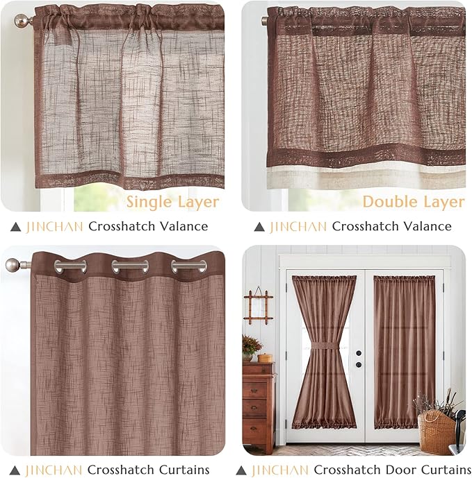 jinchan Linen Valance for Farmhouse Living Room Windows 16 Inch Slubbed Crossed Double Layer Window Valance Light Filtering Rustic Country Overlay Rod Pocket 1 Panel Brown
