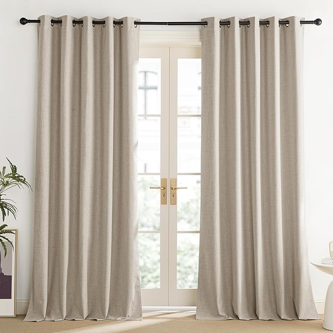 NICETOWN Oatmeal Vintage Open Linen Weave Flax Thermal Curtains, 100% Blackout Curtains 84" Long for Dining Room, Soundproof Window Treatment Drapes for Dining Room, 62" Wide Per Panel, Set of 2