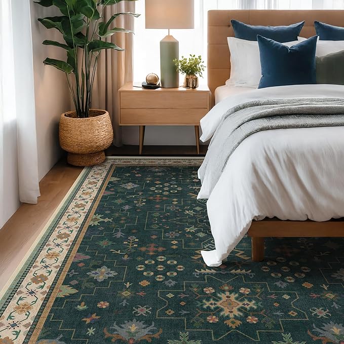 Hazo Haus Dark Green Oushak 5x8 Living Room Rug - Modern Vintage Boho Eclectic Floral Pastel, Washable Low Pile Non-Slip Large Area Rugs for Nursery Dining Under Table Bedroom Lounge