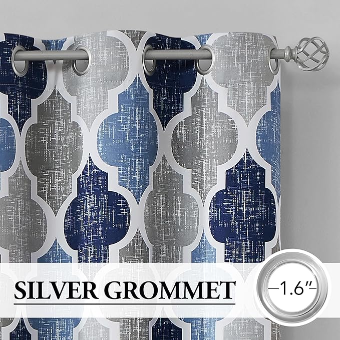 Beauoop 100% Blackout Curtains 54 Inches Long 2 Panels for Bedroom Living Room Blue Grey Moroccan Geo Room Darkening Thermal Insulated Soundproof Grommet Top Window Treatments Drapes, 50x54 Set of 2