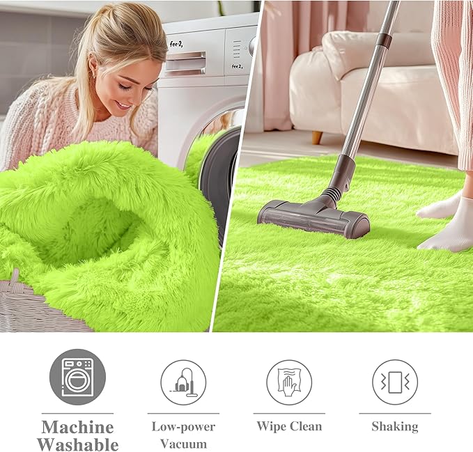 OLANLY Lime Green Round Rugs for Bedroom - Machine Washable, 4 ft Circle Area Rugs for Living Room, Soft and Fluffy Shaggy Carpet for Teen Girl and Boys, Nursery Rooms, Dorms, Home Decor Aesthetic