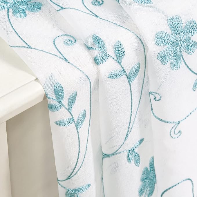 HOMEIDEAS White and Blue Embroidered Floral Sheer Curtains 96 Inches Long 2 Panels Flower Pattern Semi Sheer Window Curtains for Bedroom Living Room