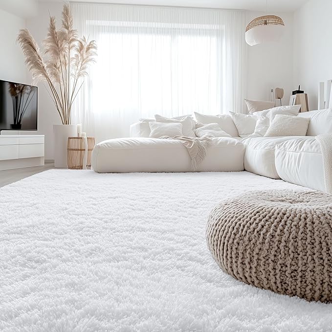 OLANLY 7x12 Machine Washable Large Area Rugs for Living Room, Bedroom, Soft Fluffy Shaggy Bedside Rug, Indoor Floor Carpet for Kids Girls and Boys, Dorms, Nursery, Home Decor Aesthetic, White