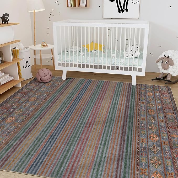 Nakagishi 6X9 Area Rugs Living Room: Washable Large Vintage Rug Neutral Non-Slip Soft Stain Resistant Indoor Carpet for Bedroom Nursery Dining Room Office Playroom - Multi Color