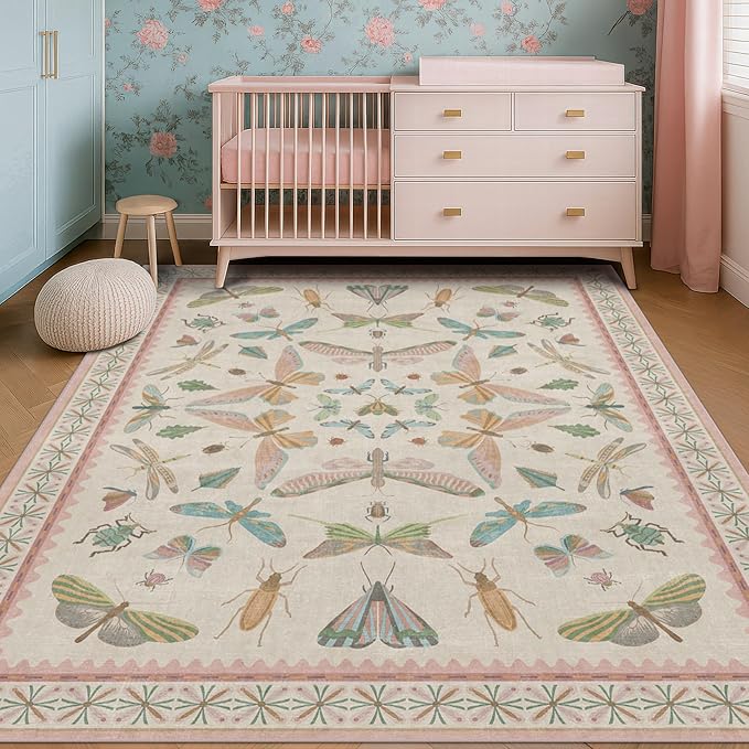 Hazo Haus Butterfly Area Rugs 5x7 for Baby Nursery, Cute Light Pink Rugs for Bedroom Girls, Living Room, Kids Room Playroom Reading Corner, Washable Ultra Soft Stain Resistant Floral Floor Decor