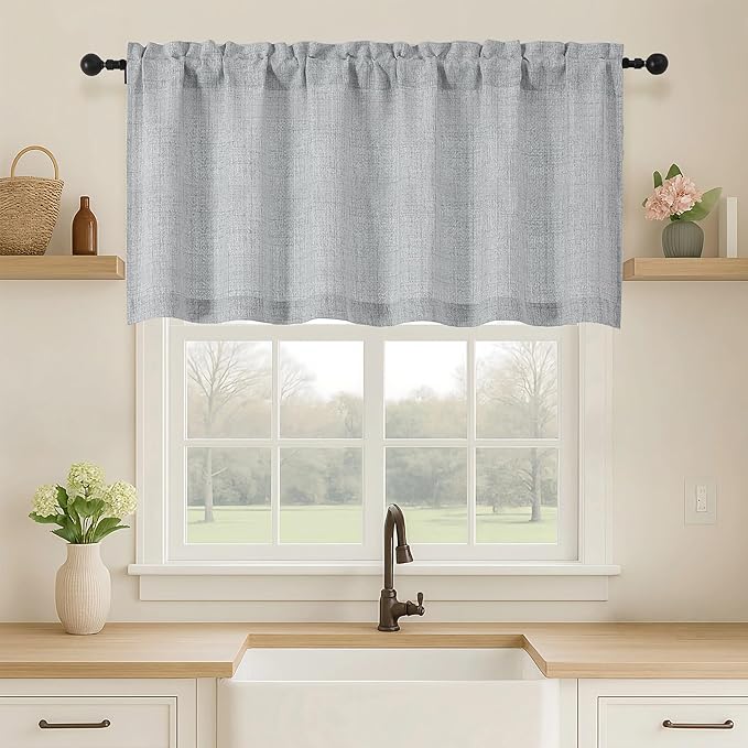OVZME Grey Valance for Windows, Light Filtering Faux Linen Textured Small Cafe Valances for Windows, Dual Rod Pocket Farmhouse Short Curtain for Bathroom Basement, 60Wx24L inch, 1 Piece