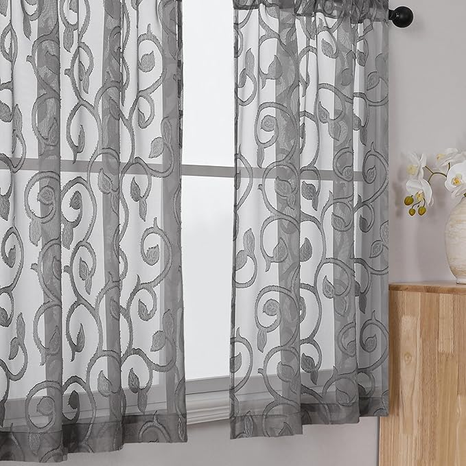 OWENIE Furman Cafe Curtains 30 Inch Length 2 Panels Set, Elegant Geometric Jacquard Short Sheer CurtainsTiers for Kitchen/Living Room/Bedroom Small Window 28" W x 24" L, Grey
